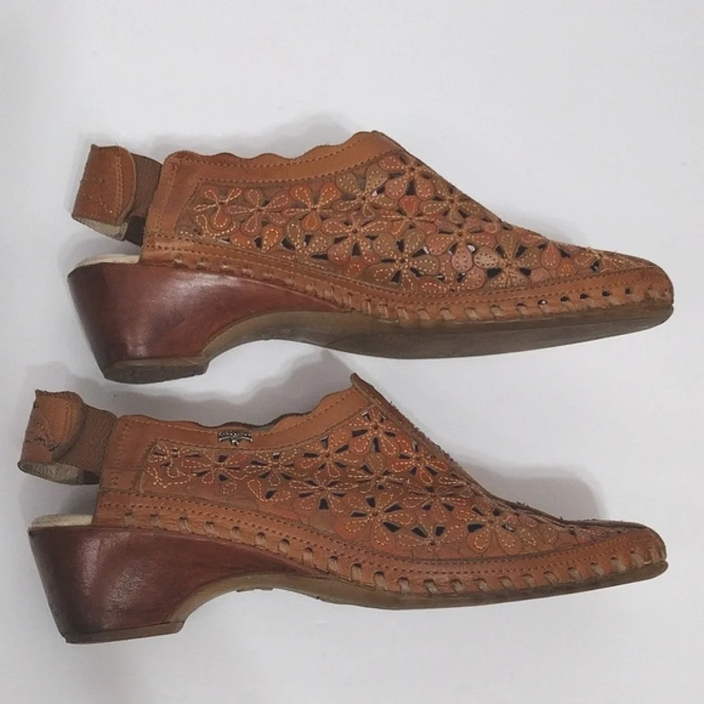 Pikolinos Floral Laser Cut Tan Leather Slingback Sandals US 6 Boho Summer Chic - Picture 9 of 15